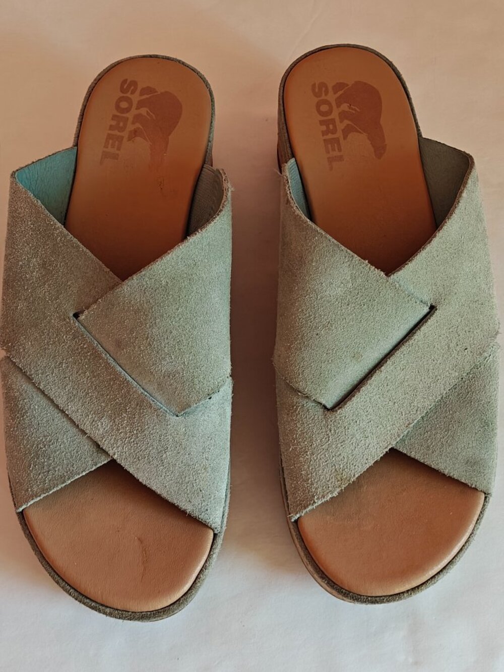 SOREL Cameron Suede Platform Wedge Mules Crushed Blue Size 6.5